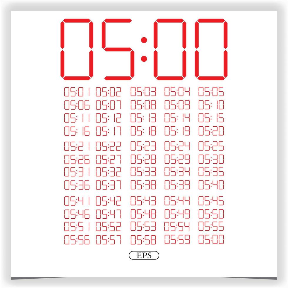 Digital clock closeup displaying 5 o'clock. Red Digital clock number set electronic figures Premium Vector