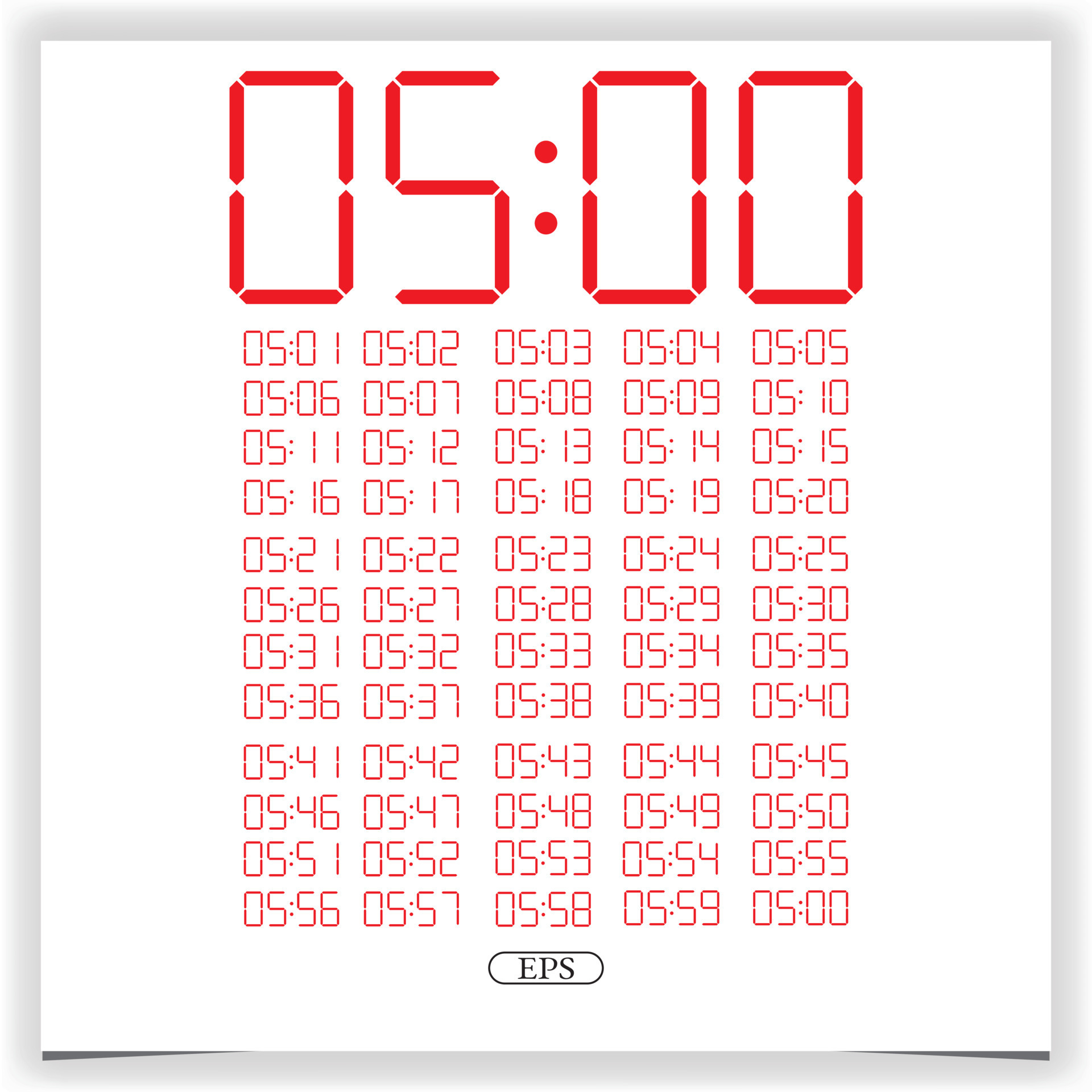 Digital clock closeup displaying 5 o'clock. Red Digital clock number
