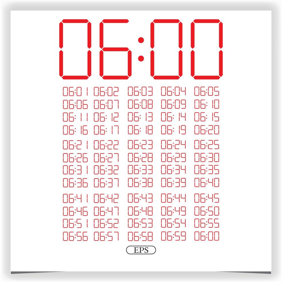 primer plano de reloj digital que muestra las 6 en punto. conjunto de números de reloj digital rojo vector premium de figuras electrónicas
