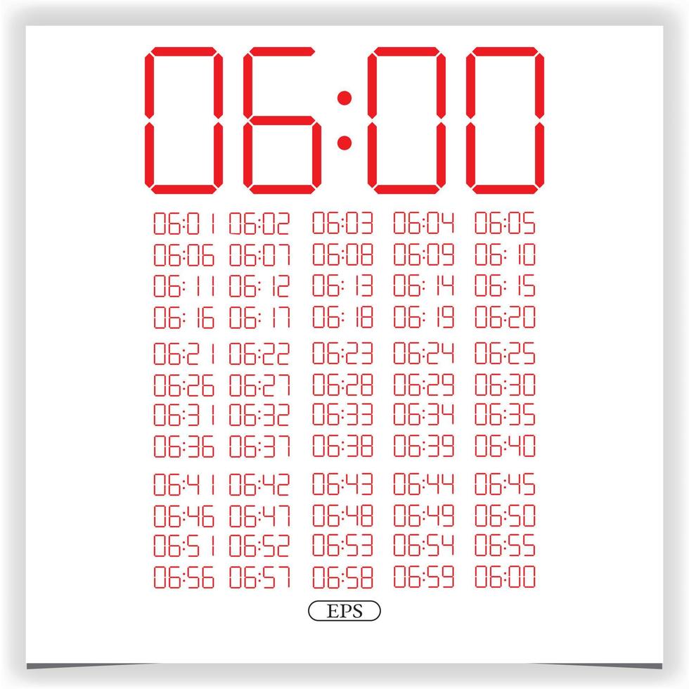 Digital clock closeup displaying 6 o'clock. Red Digital clock number set electronic figures Premium Vector