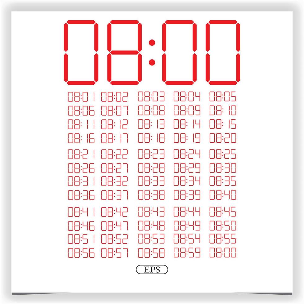 Digital clock closeup displaying 8 o'clock. Red Digital clock number set electronic figures Premium Vector