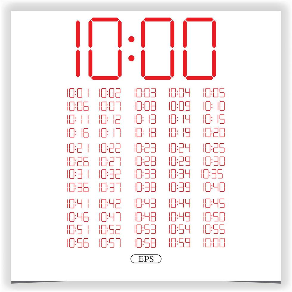 Digital clock closeup displaying 10 o'clock. Red Digital clock number set electronic figures Premium Vector