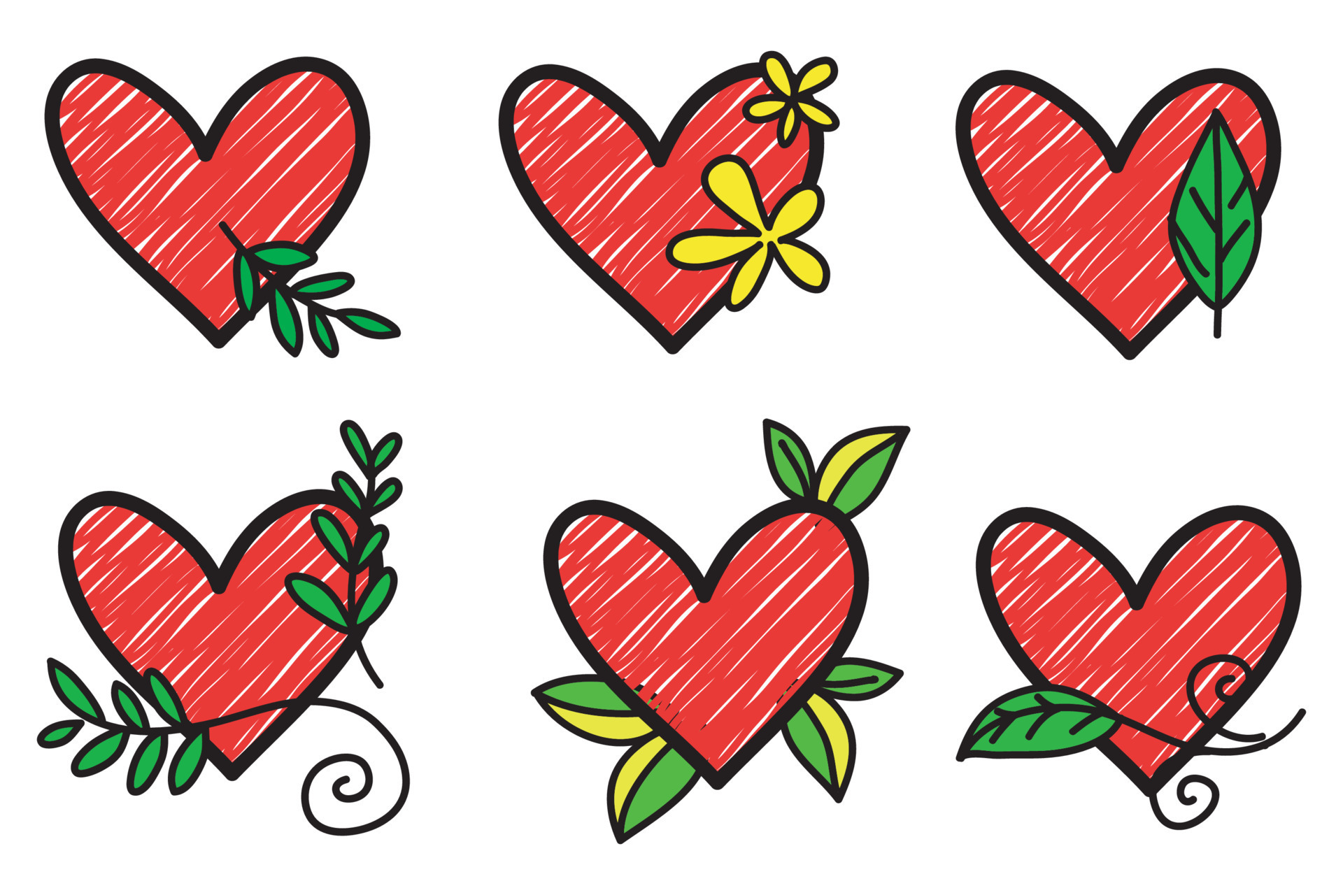 Doodle Hearts, a collection of hand drawn colorful love hearts. Vector