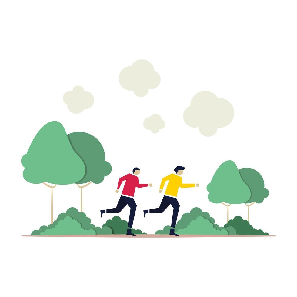 trotar, correr, hacer ejercicio en el bosque, ilustración vectorial plana de madera. amigos, amigos trotando juntos diseño de personajes de dibujos animados. al aire libre, fuera de práctica. fitness, entrenamiento de fuerza. vector