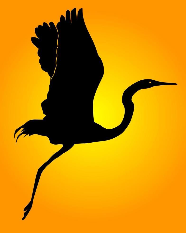 Silhouette of a flying up heron on an orange background vector