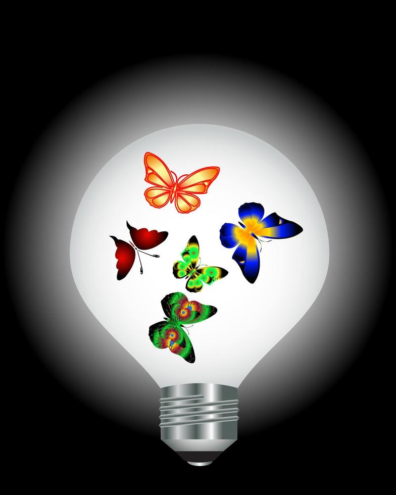 Electric bulb with multi-coloured butterflies inside against a dark background vector