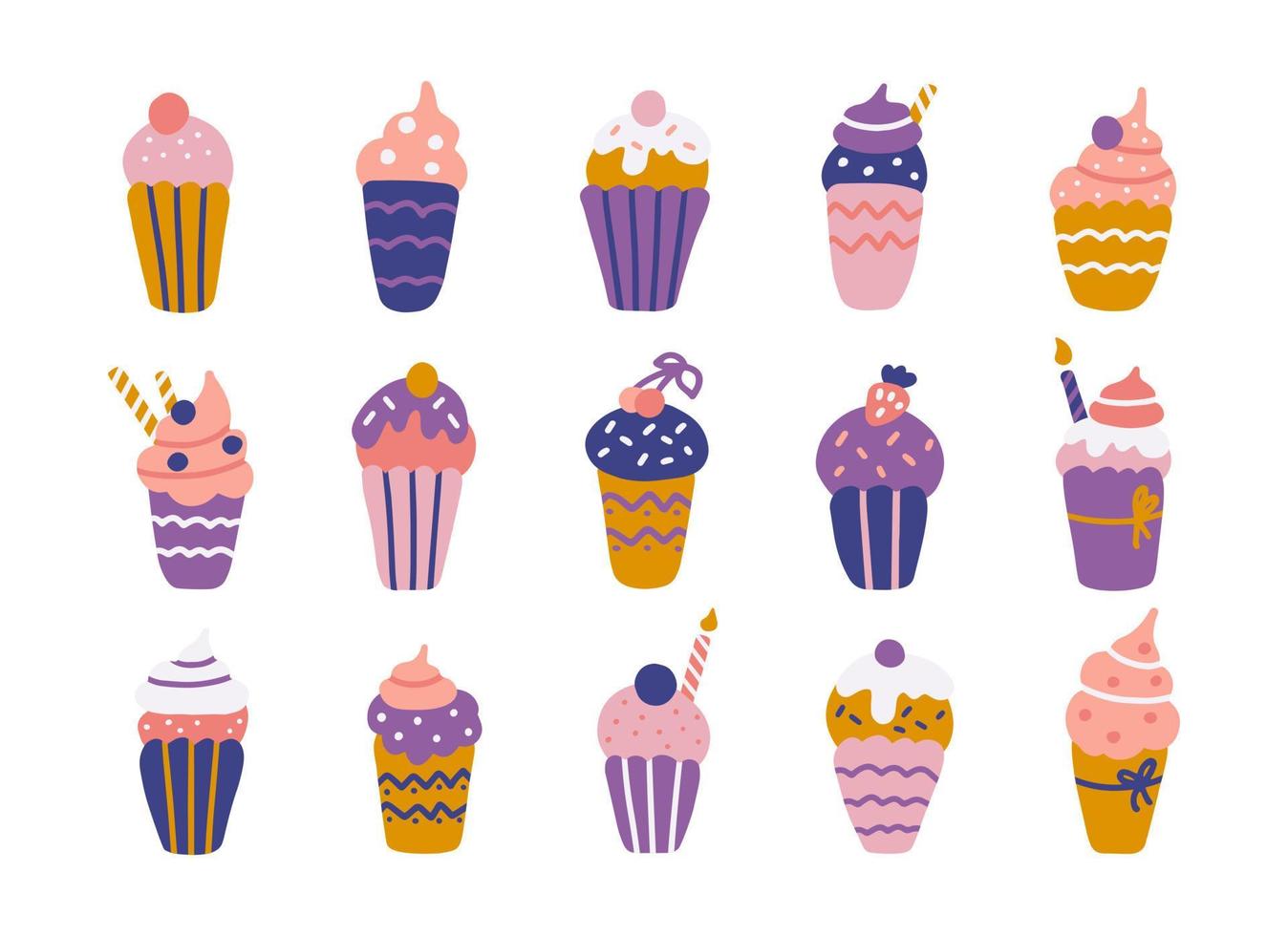 Colorful set of muffins, cupcakes and cream cakes for birthday or party. Vector elements for holiday in flat hand drawn style