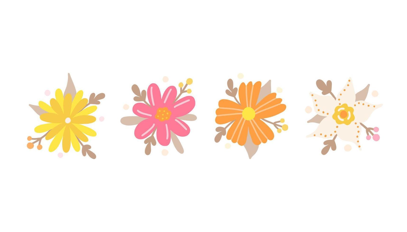 Set of decorative floral design elements. Colorful summer flowers. Vector flat illustration