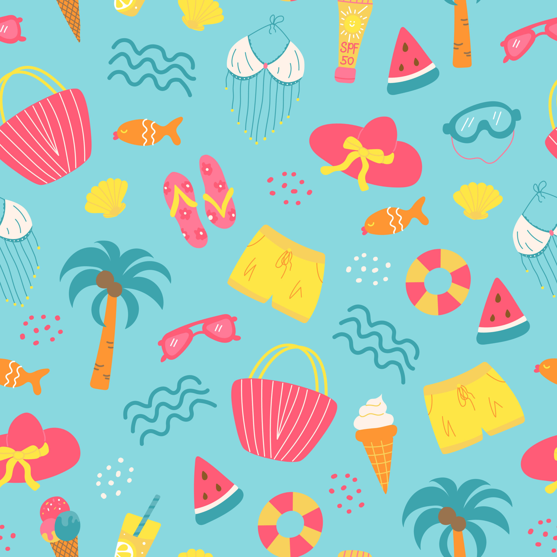 Colorful summer seamless pattern. Vector elements of clothing, palm ...