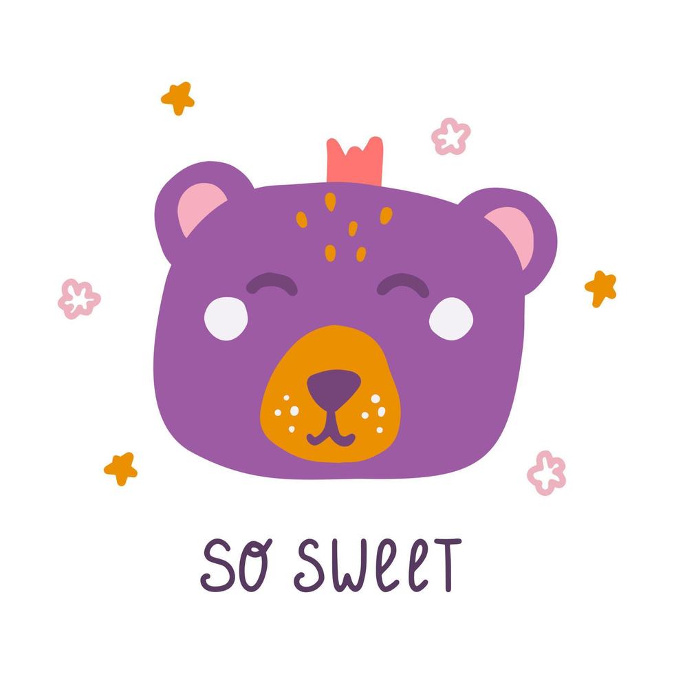 Cute bear face with the inscription So Sweet, postcard, poster design, vector flat illustration