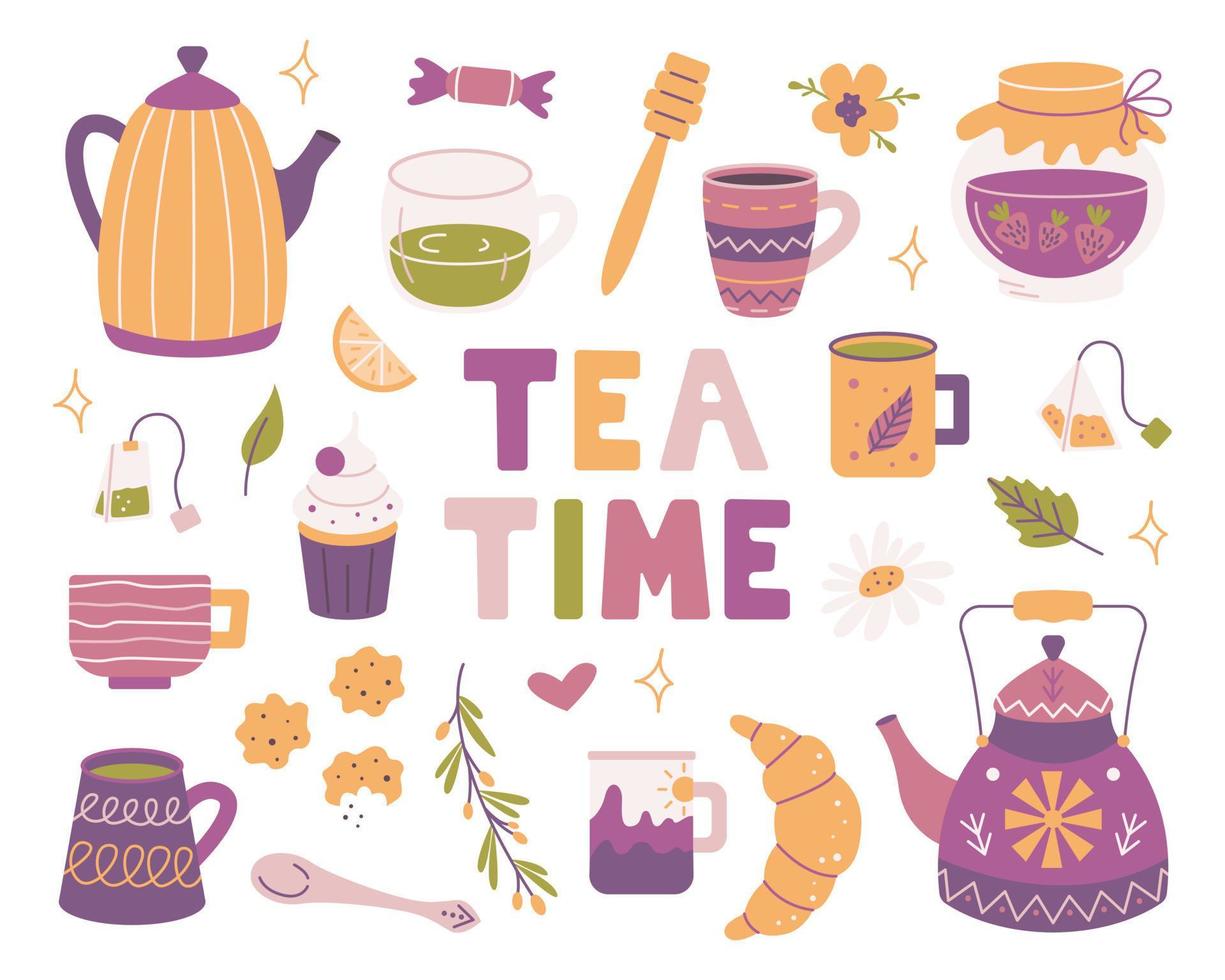 Tea time set of vector elements. Teapots, mugs, sweets in flat style. Breakfast, tea party