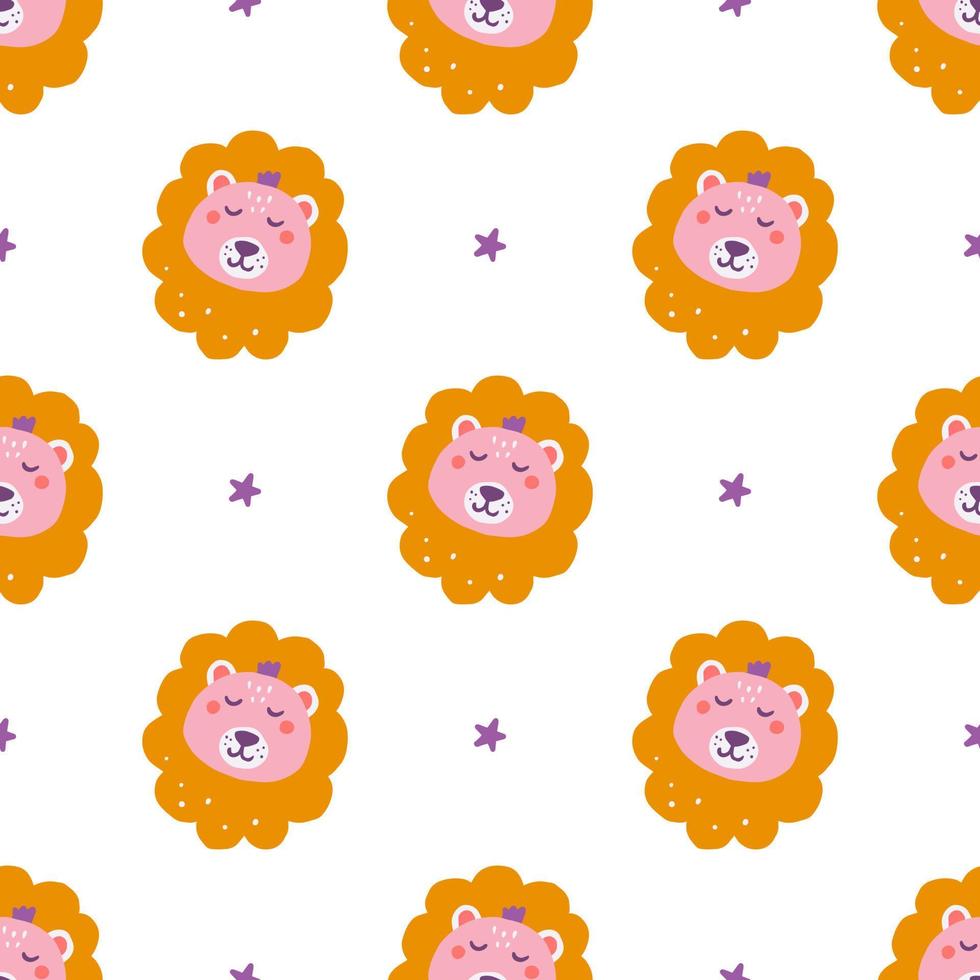 Cute lion face with stars on white background, vector seamless pattern