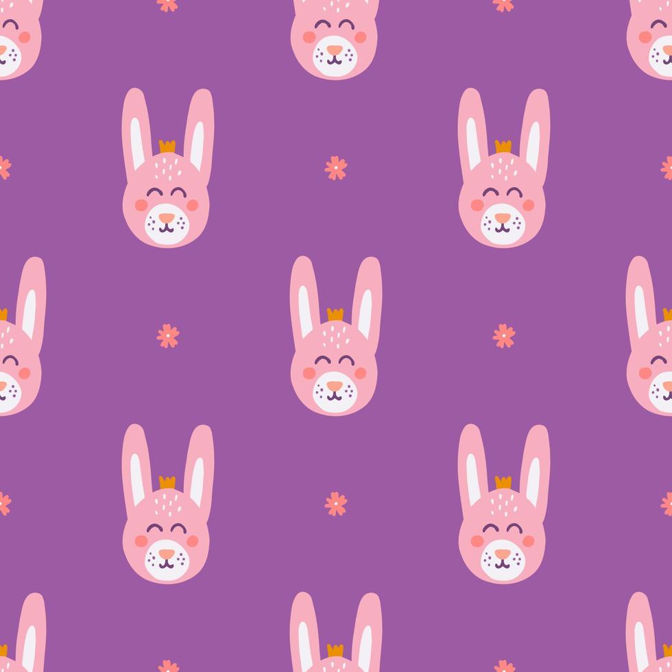 Cute rabbit face on purple background, vector seamless pattern