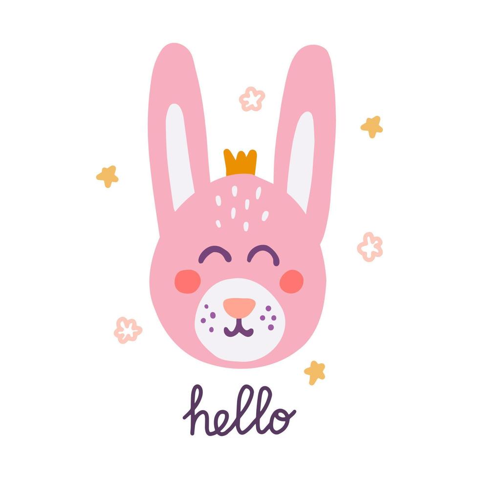 Cute rabbit face with the inscription Hello, postcard, poster design, vector flat illustration