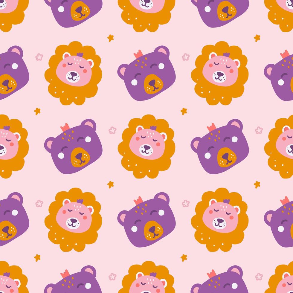 Cute bear and lion faces on pink background, vector seamless pattern