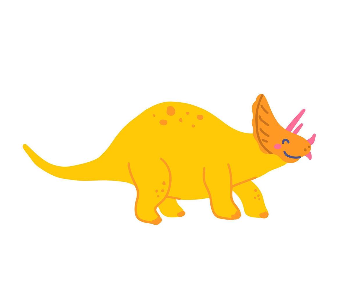 Cute herbivorous dinosaur Triceratops, vector flat illustration in hand drawn style on white background