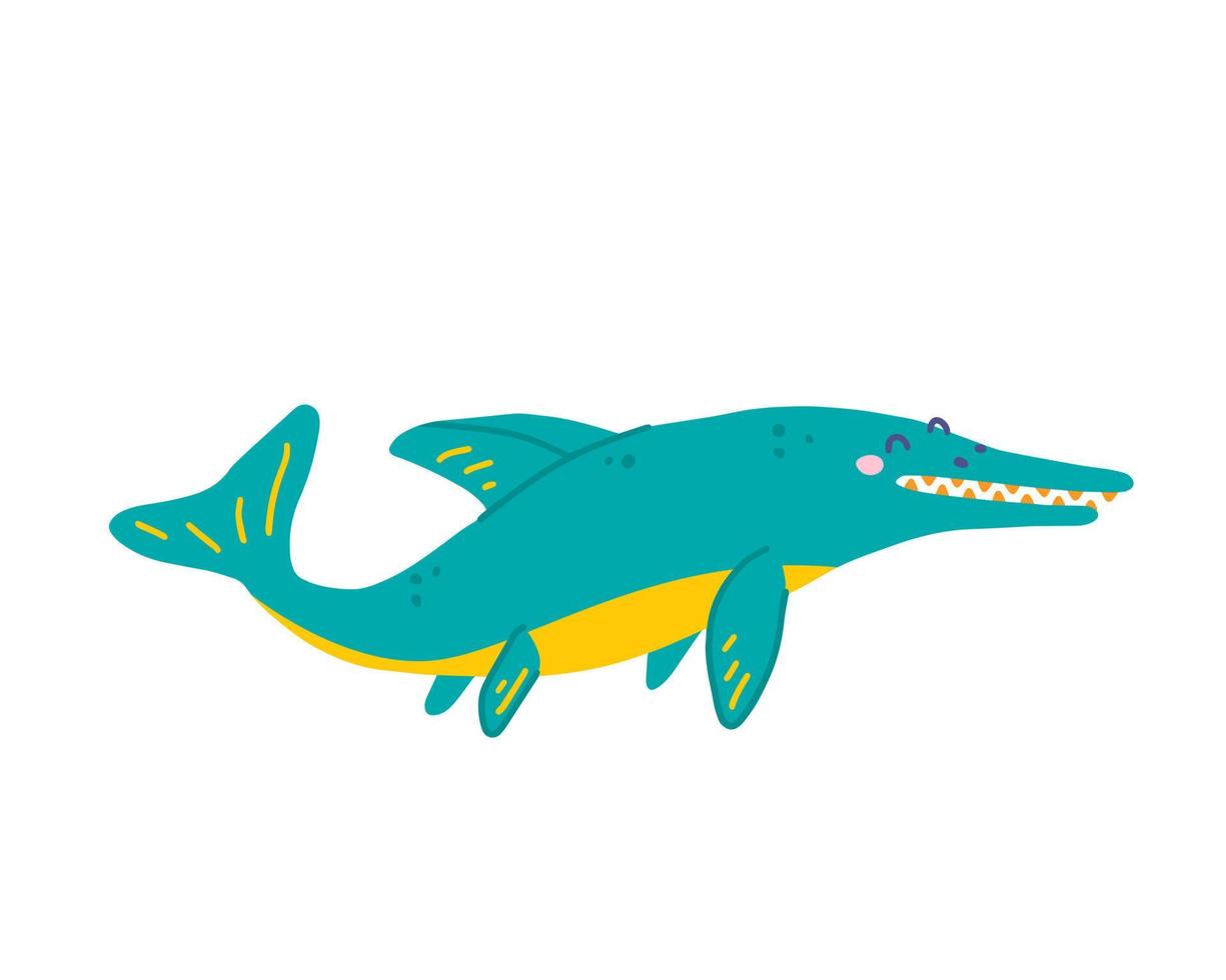 Cute floating dinosaur Ichthyosaurus, vector flat illustration in hand drawn style on white background