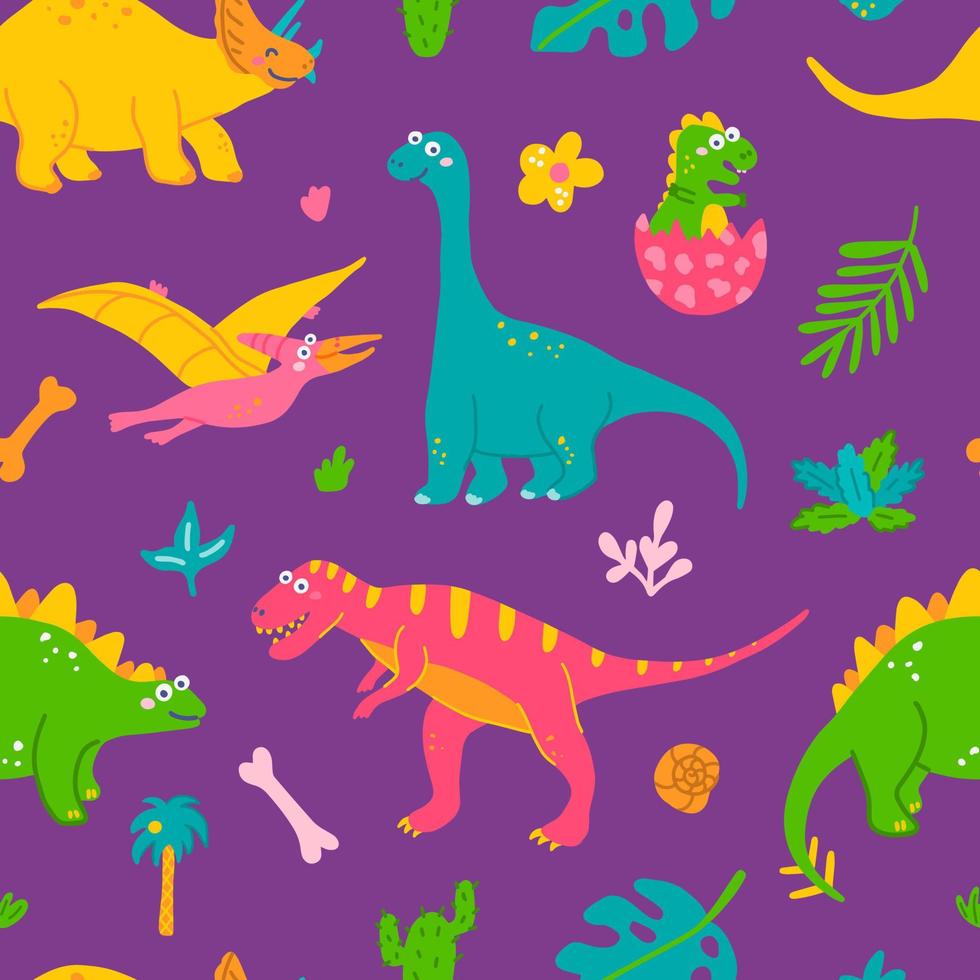 lindos dinosaurios y plantas tropicales, estampado colorido para niños para tela, postales. patrón transparente de vector