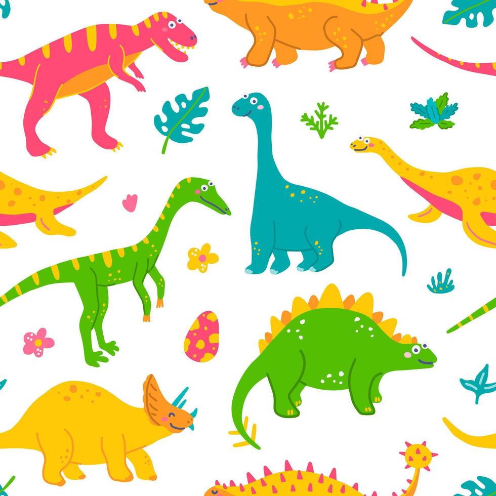 dinosaurios divertidos y plantas tropicales, estampado colorido para niños para tela, postales. patrón transparente de vector