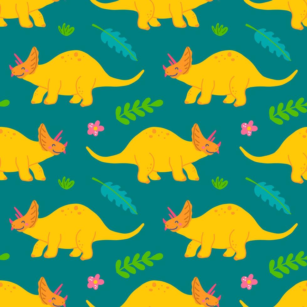 Cute triceratops dinosaur, vector seamless pattern on green background, childrens print for clothes, postcards