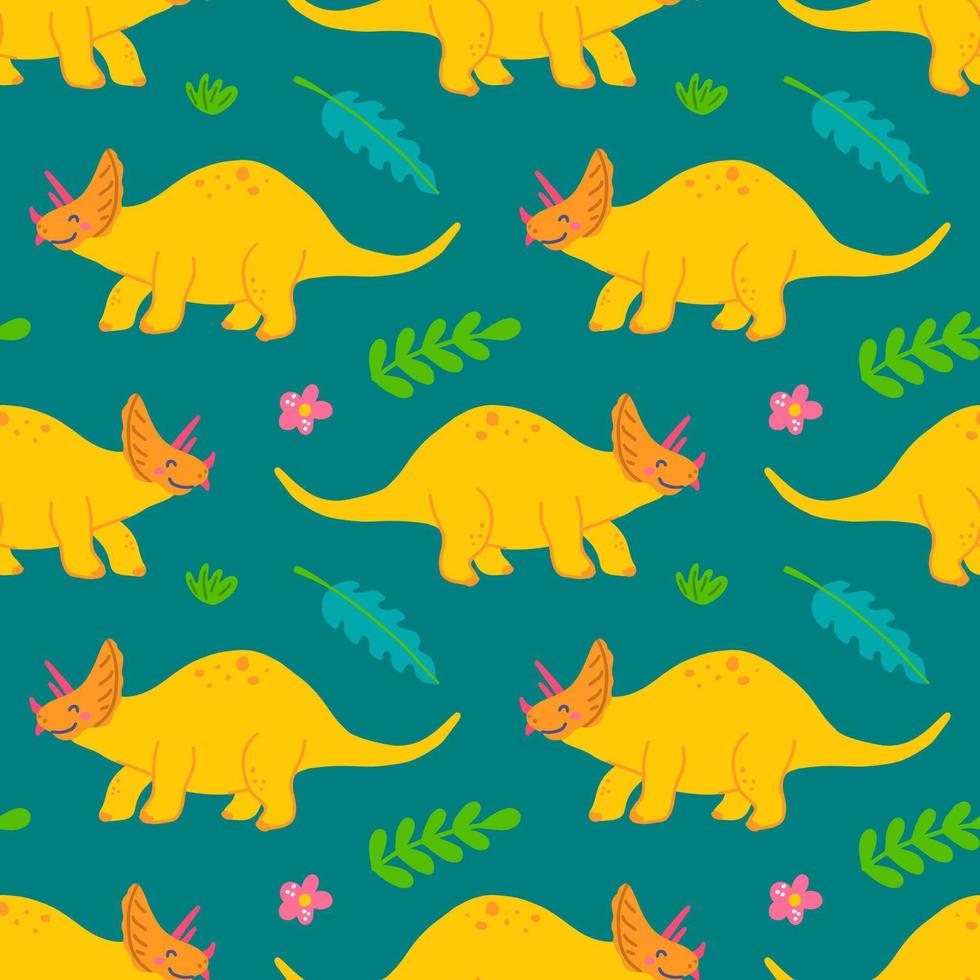 Cute triceratops dinosaur, vector seamless pattern on green background, childrens print for clothes, postcards