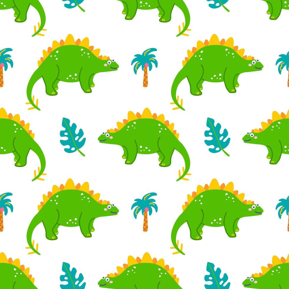 Cute dinosaur stegosaurus with palm trees and monster, vector seamless pattern on white background, childrens print for clothes, postcards