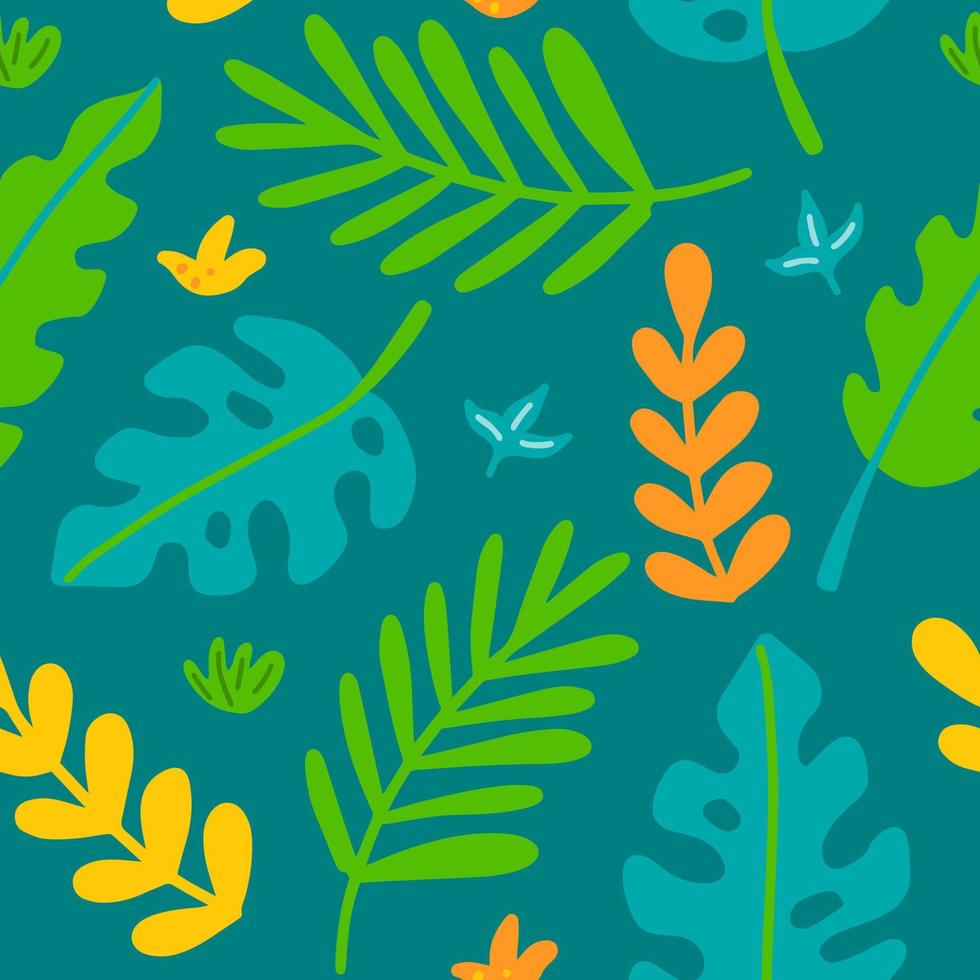 Tropical plants, palm leaves, monsters on green background, vector seamless pattern