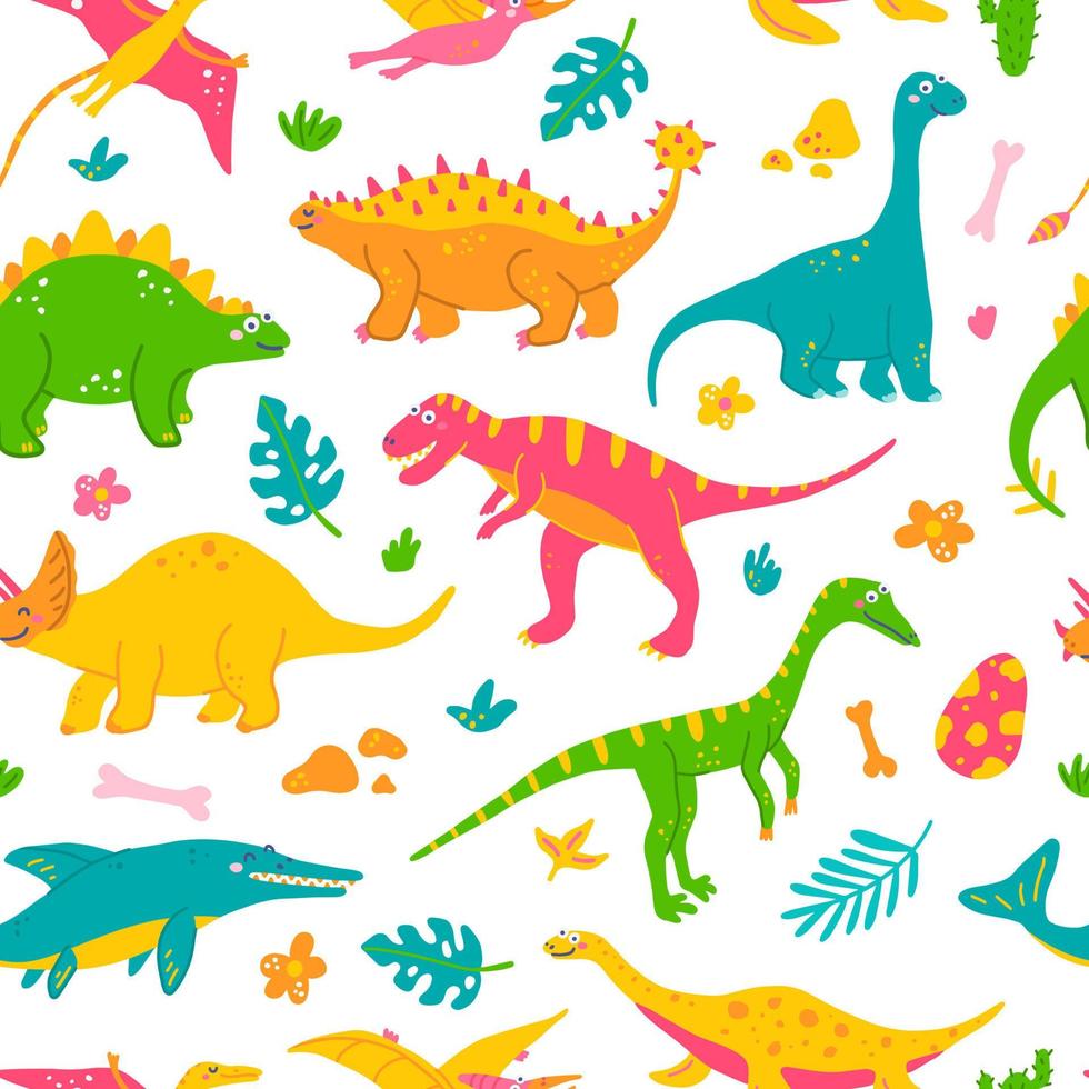 dinosaurios divertidos y plantas tropicales, estampado colorido para niños para tela, postales. patrón transparente de vector