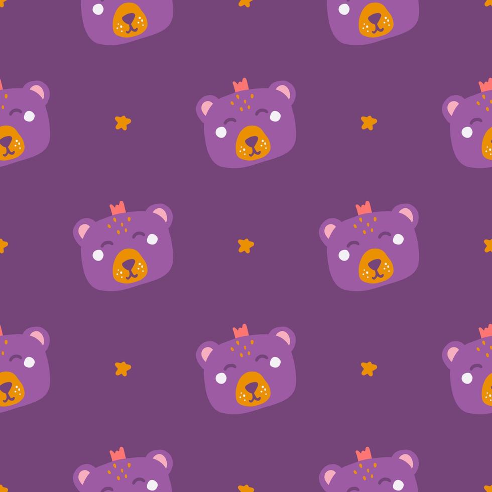 Cute bear face with stars on a purple background, vector seamless pattern