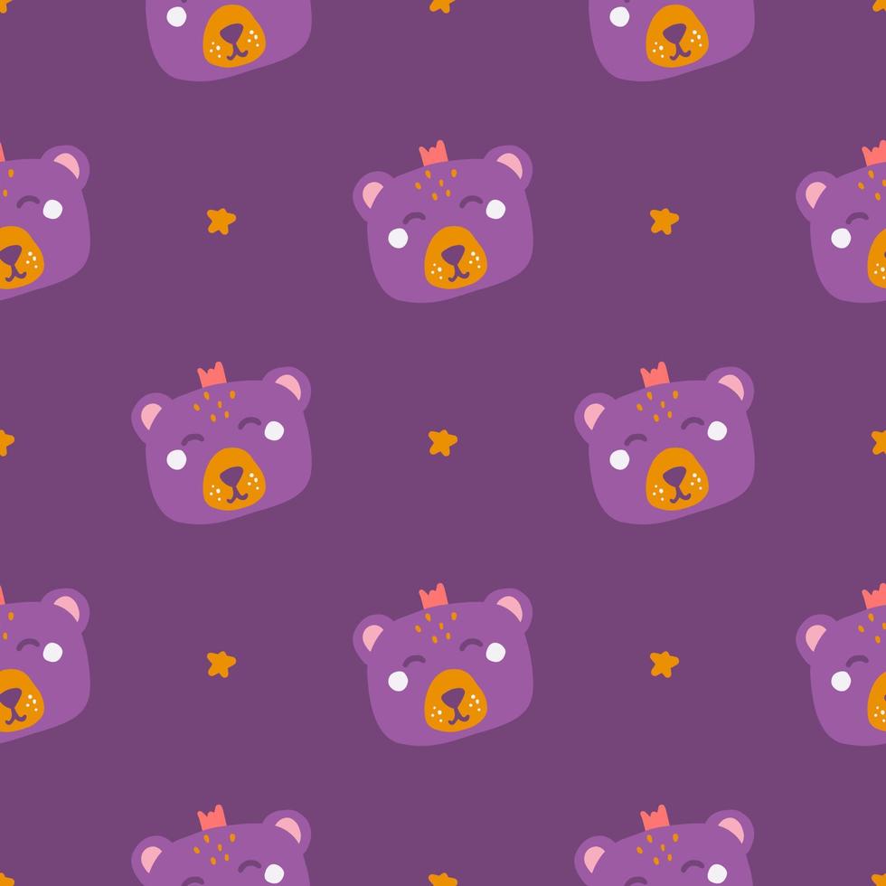 Cute bear face with stars on a purple background, vector seamless pattern