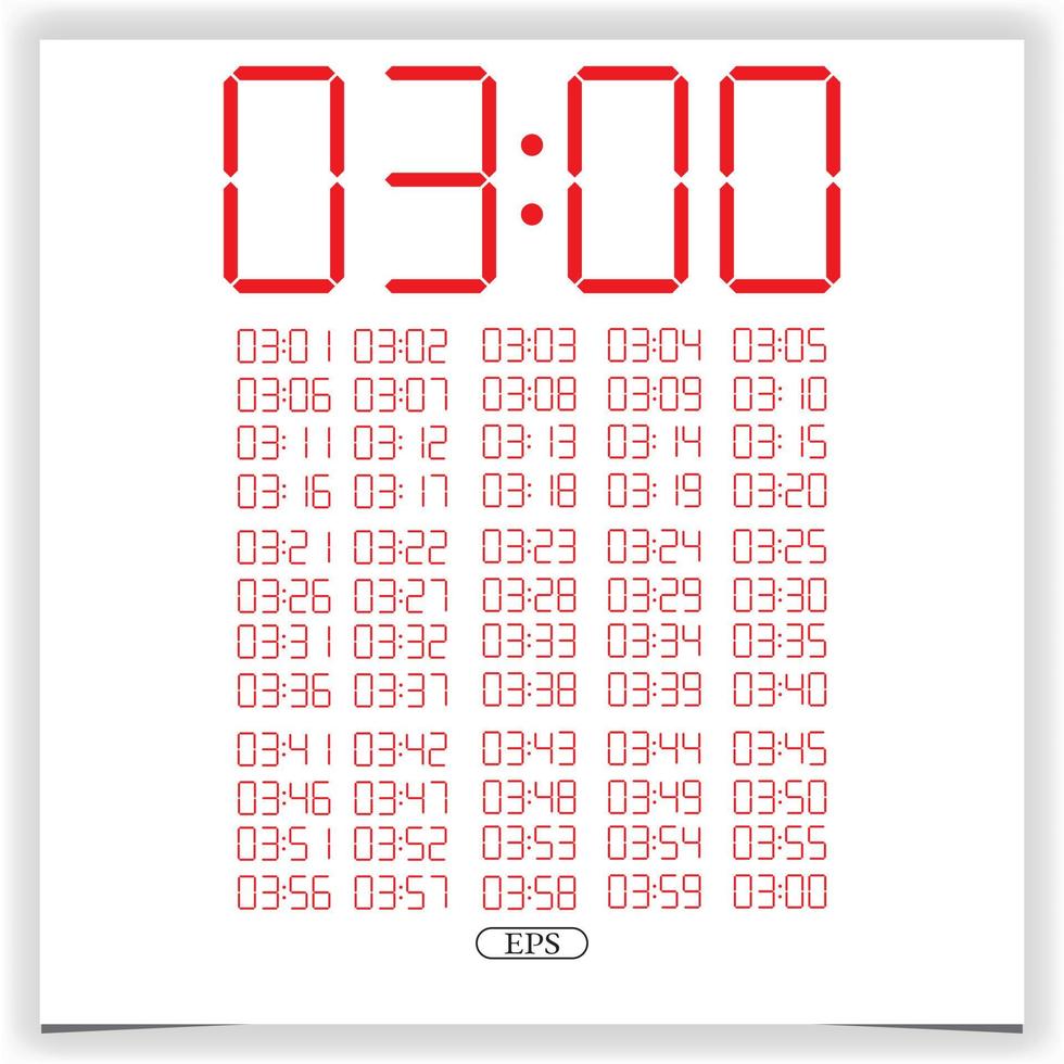 Digital clock closeup displaying 3 o'clock. Red Digital clock number set electronic figures Premium Vector