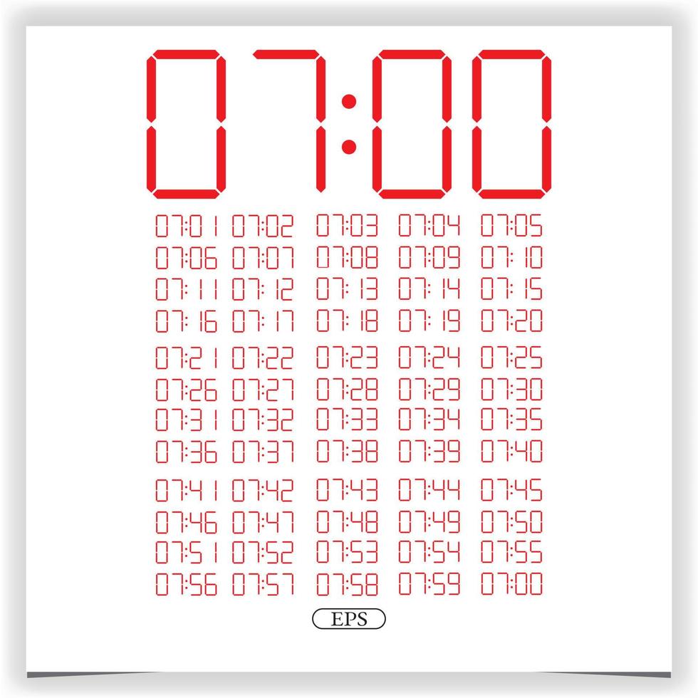 Digital clock closeup displaying 7 o'clock. Red Digital clock number set electronic figures Premium Vector