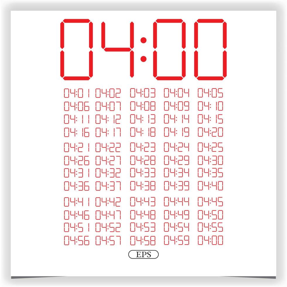Digital clock closeup displaying 4 o'clock. Red Digital clock number set electronic figures Premium Vector