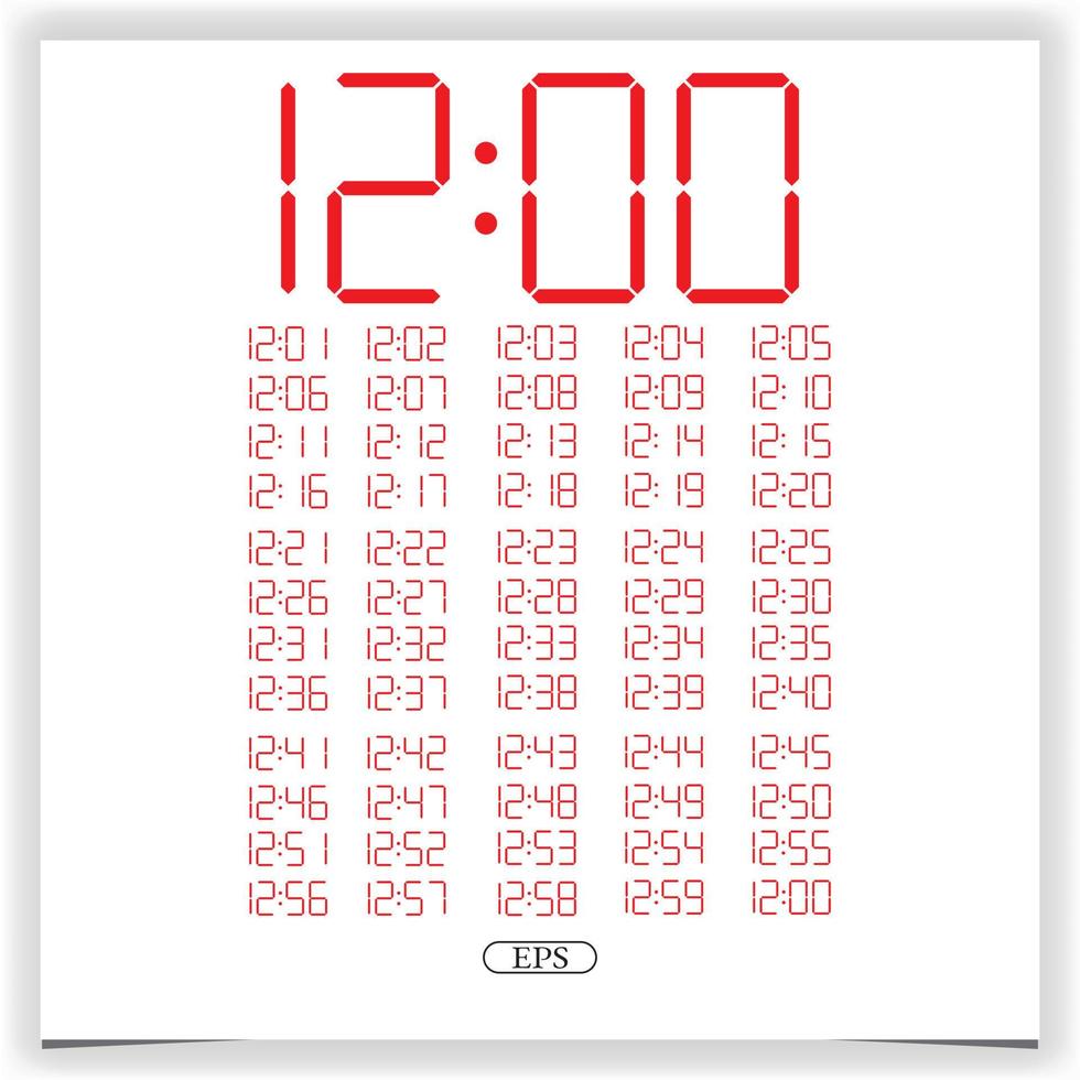 Digital clock closeup displaying 12 o'clock. Red Digital clock number set electronic figures Premium Vector
