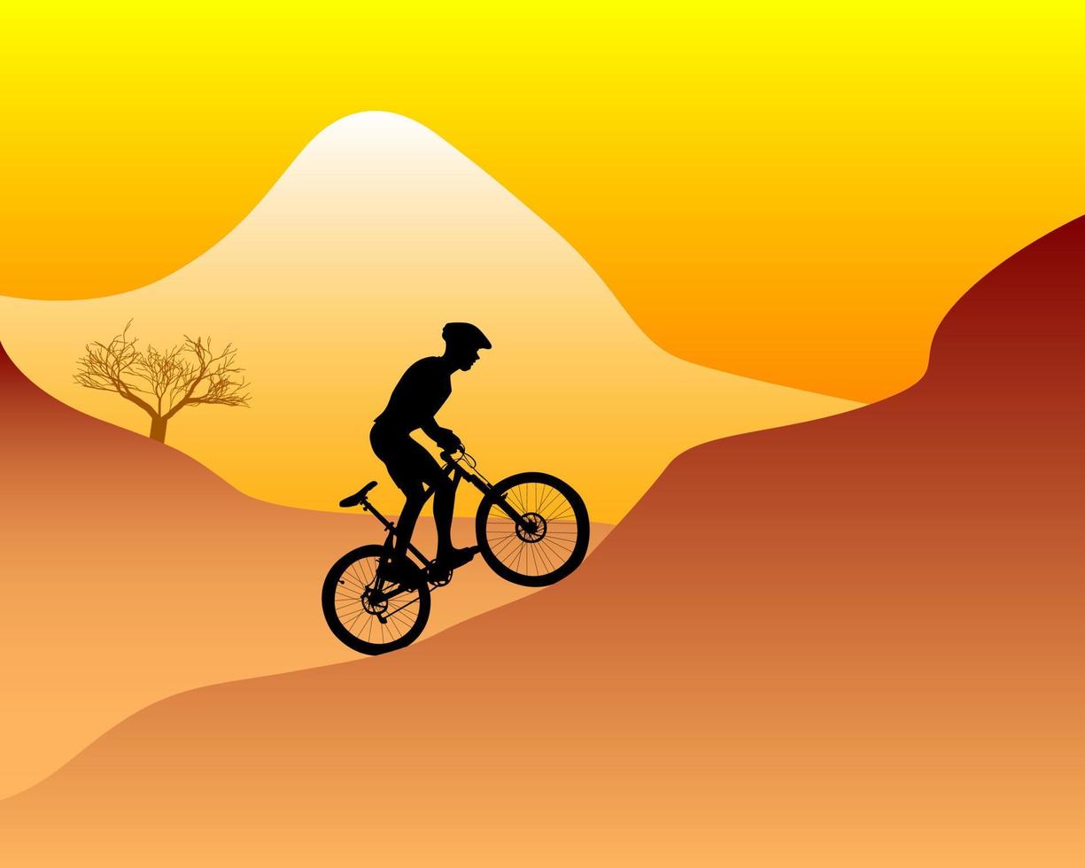 silueta de un ciclista de montaña bajando la colina vector