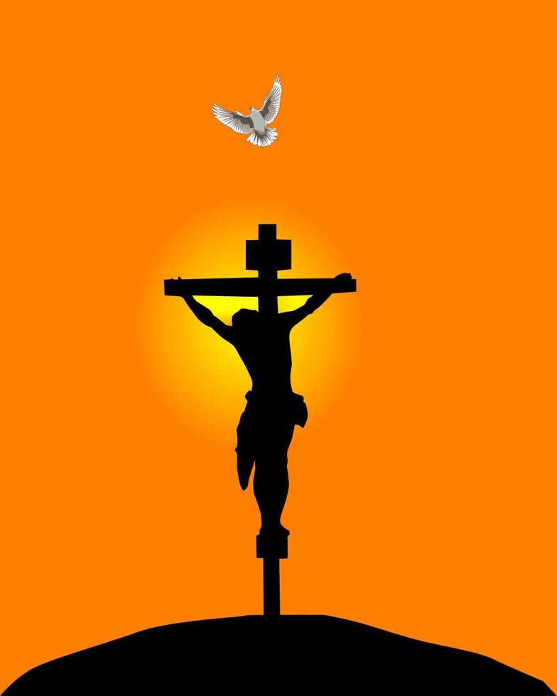 Jesus Christ crucifixion against the orange sky and a flying up pigeon vector