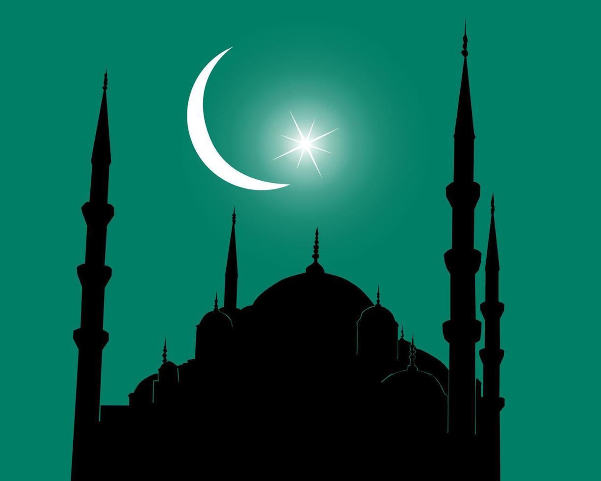Mosque silhouette in Istanbul against a dark background with a half moon and a star in the sky vector