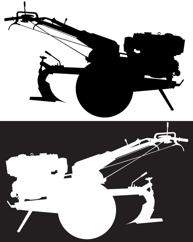 power tillers silhouettes on a black and white vector