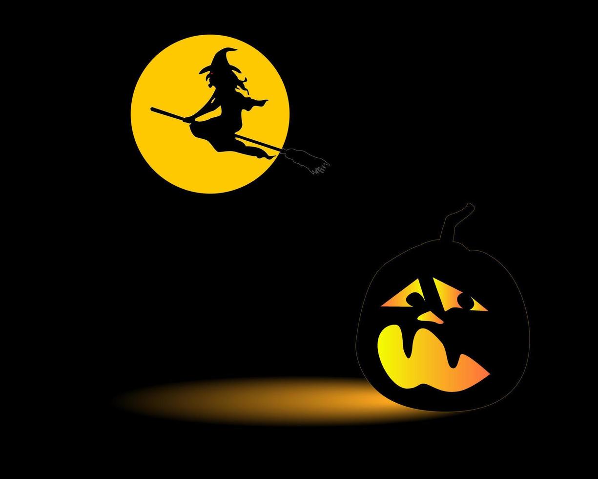 Dark Halloween pumpkin and a flying witch on a broomstick vector