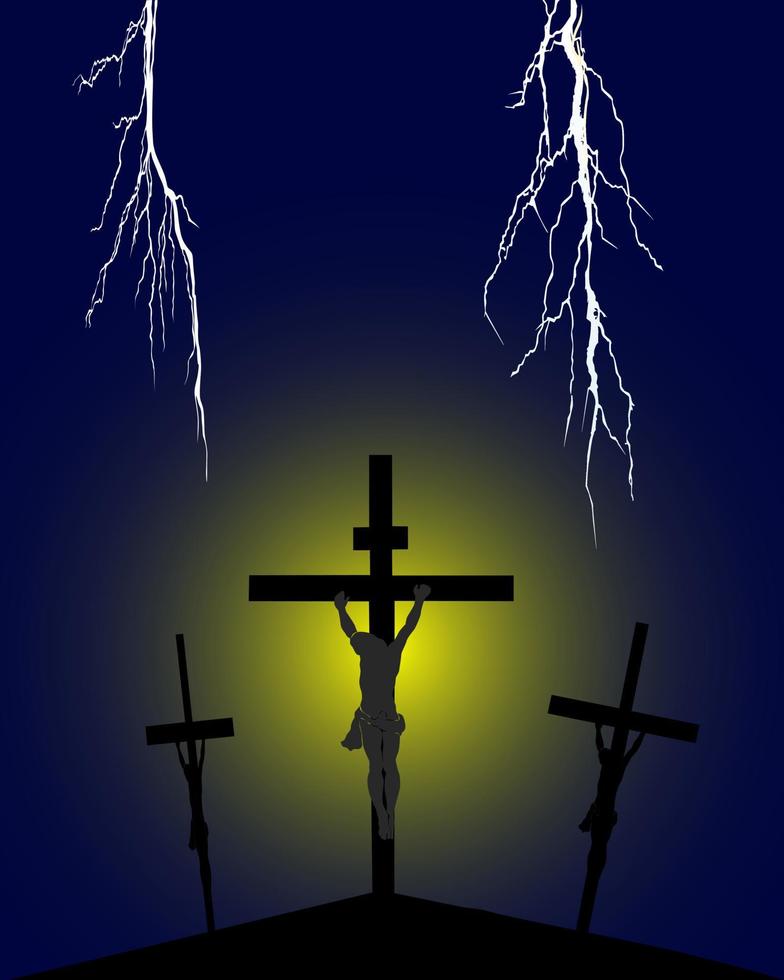 Crucifixion on Golgotha against a dark background with lightnings vector
