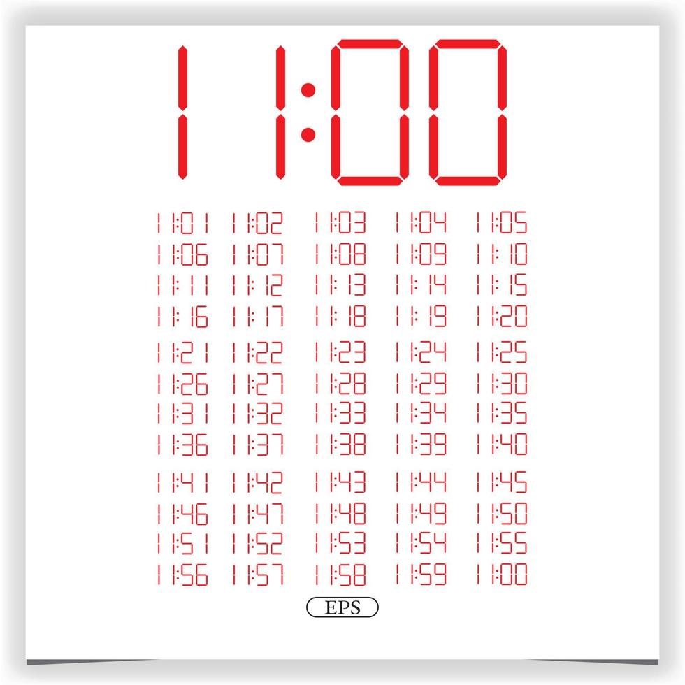 Digital clock closeup displaying 11 o'clock. Red Digital clock number set electronic figures Premium Vector