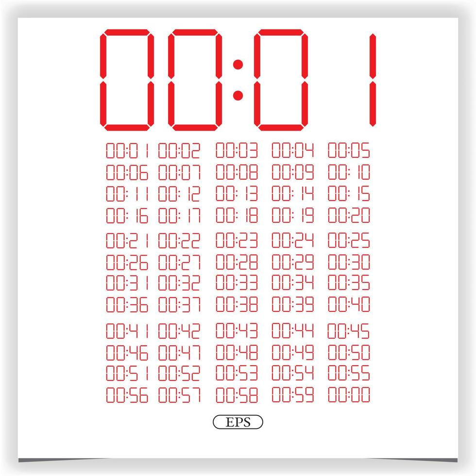 Digital clock closeup displaying 00 o'clock. Red Digital clock number set electronic figures Premium Vector