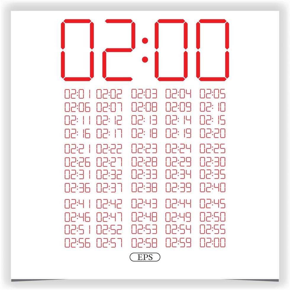 Digital clock closeup displaying  2 o'clock. Red Digital clock number set electronic figures Premium Vector