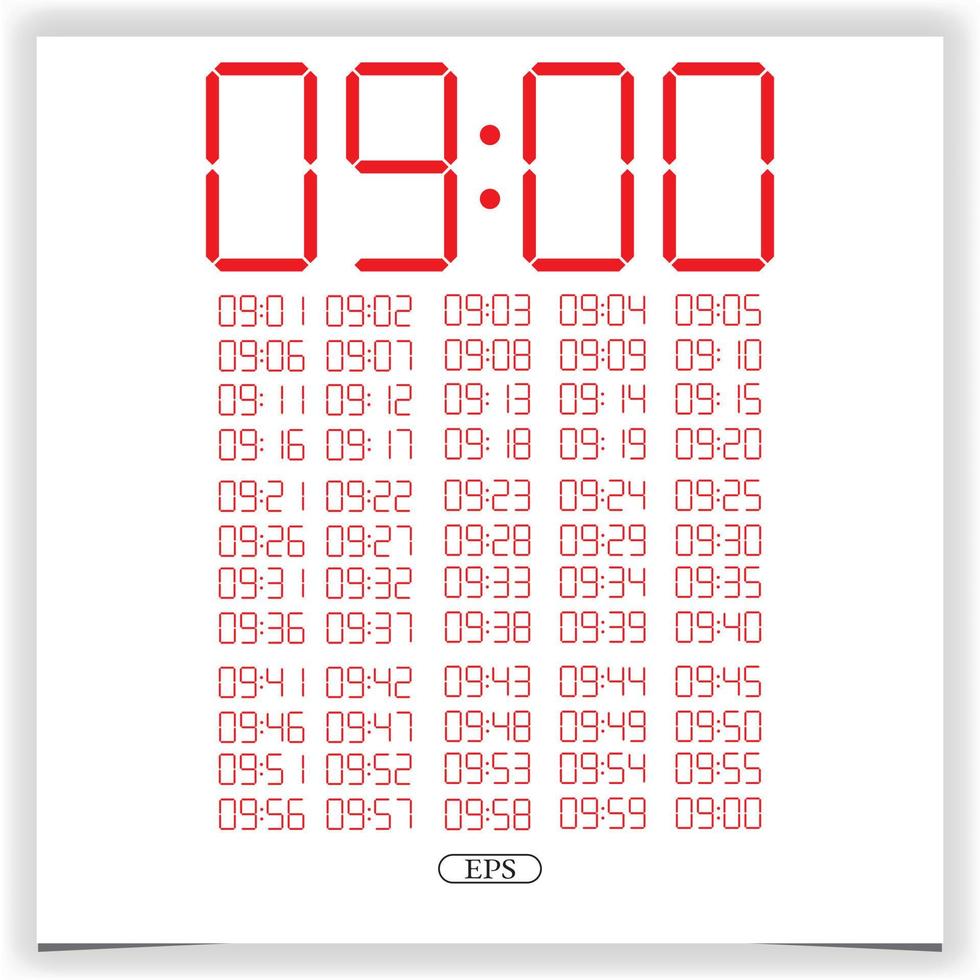 Digital clock closeup displaying 9 o'clock. Red Digital clock number set electronic figures Premium Vector