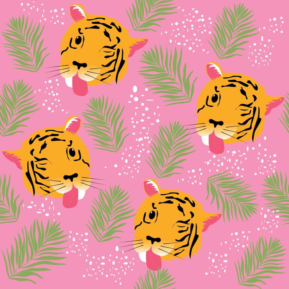 Seamless pattern of cute tiger cartoon with palm leaves vector