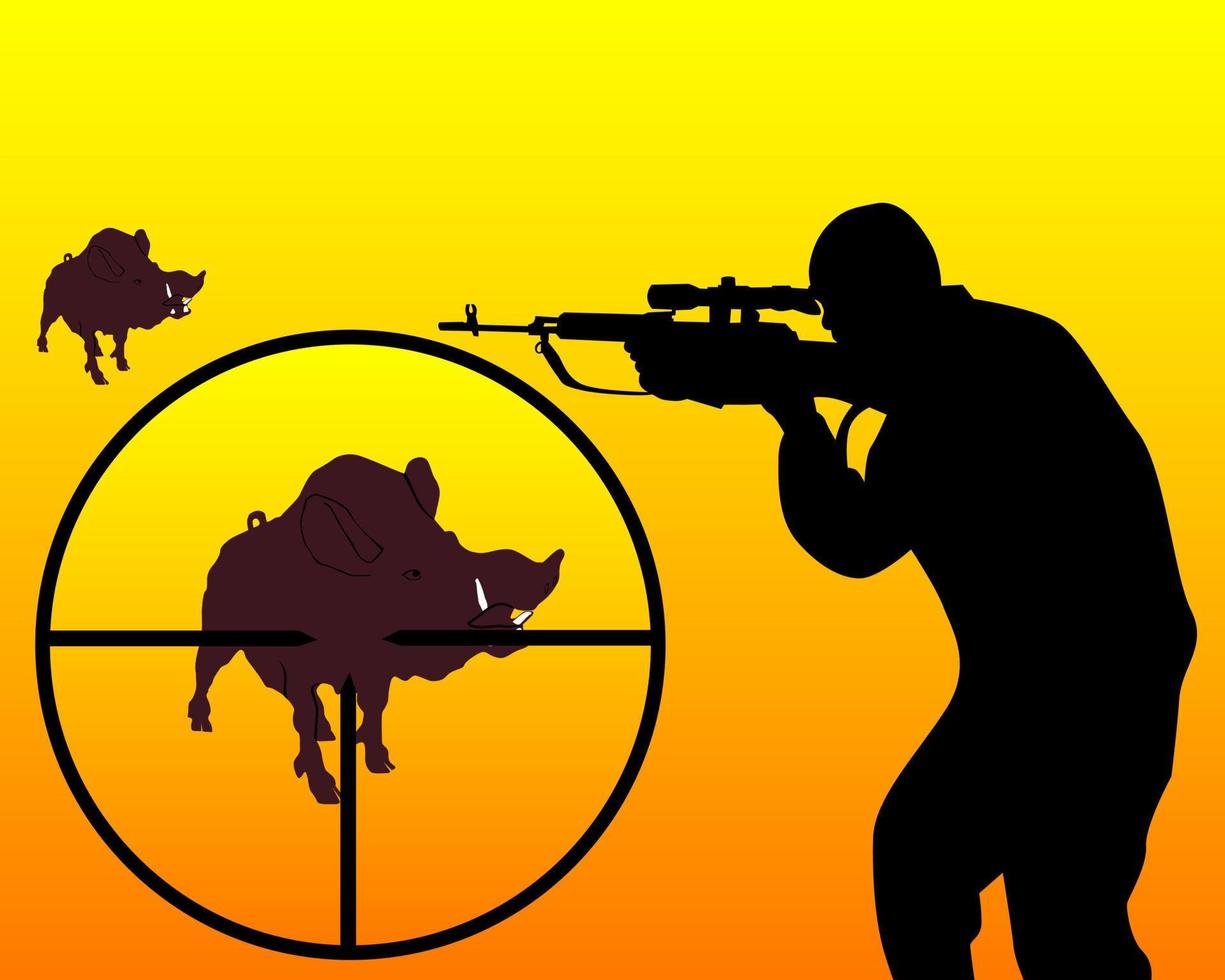 silhouette of a hunter on a wild boar vector