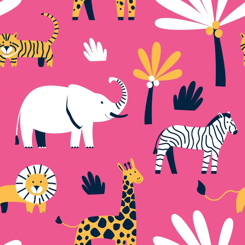 Seamless pattern of savanna animals on a pink background vector