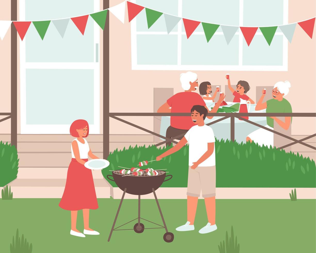 papá cocina comida de barbacoa para la familia vector