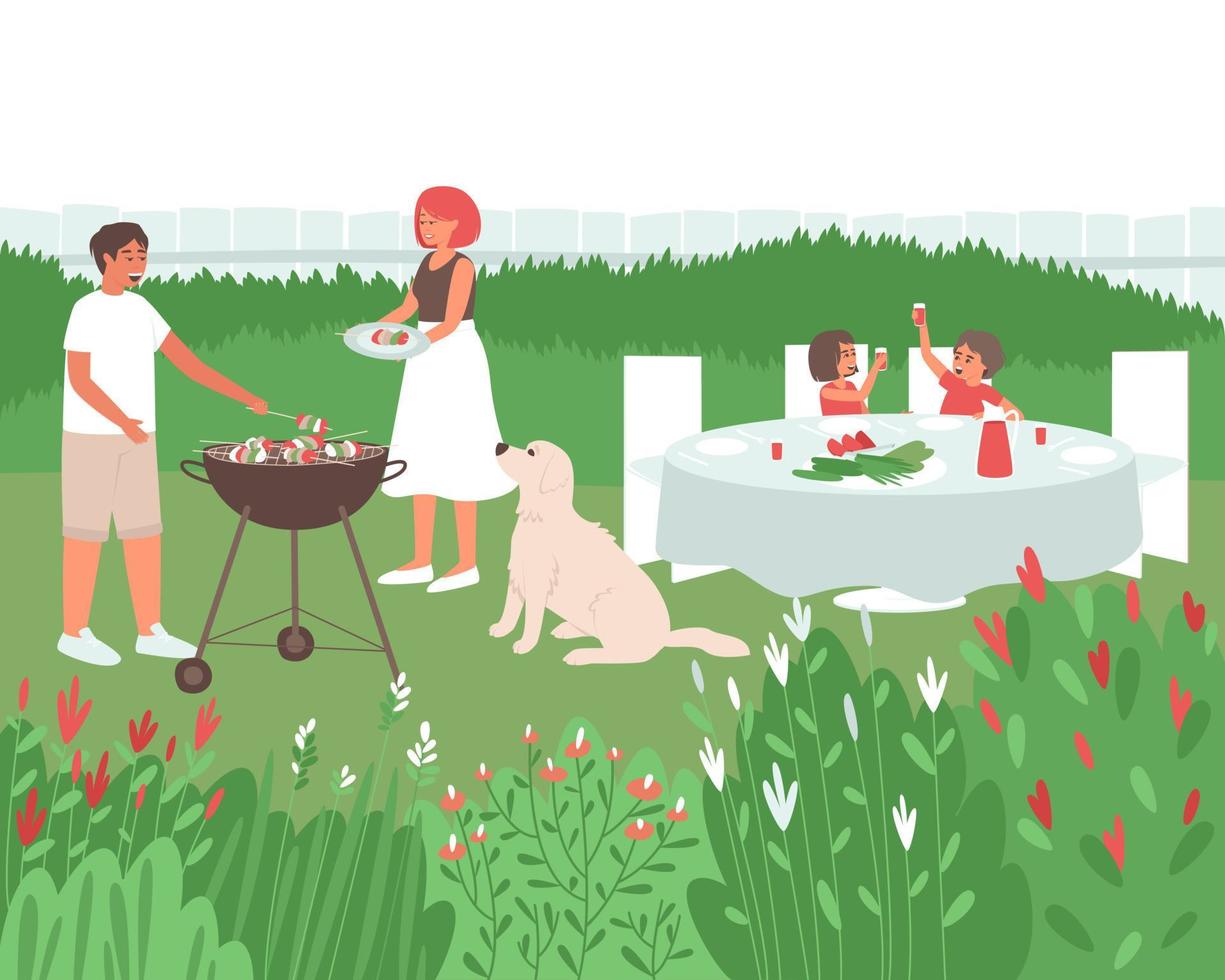 The family cooks food on the grill in the garden vector