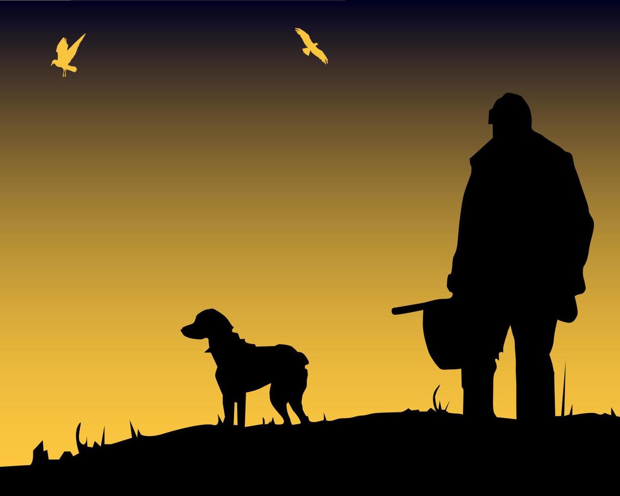 silueta del cazador con un perro contra un fondo oscuro vector